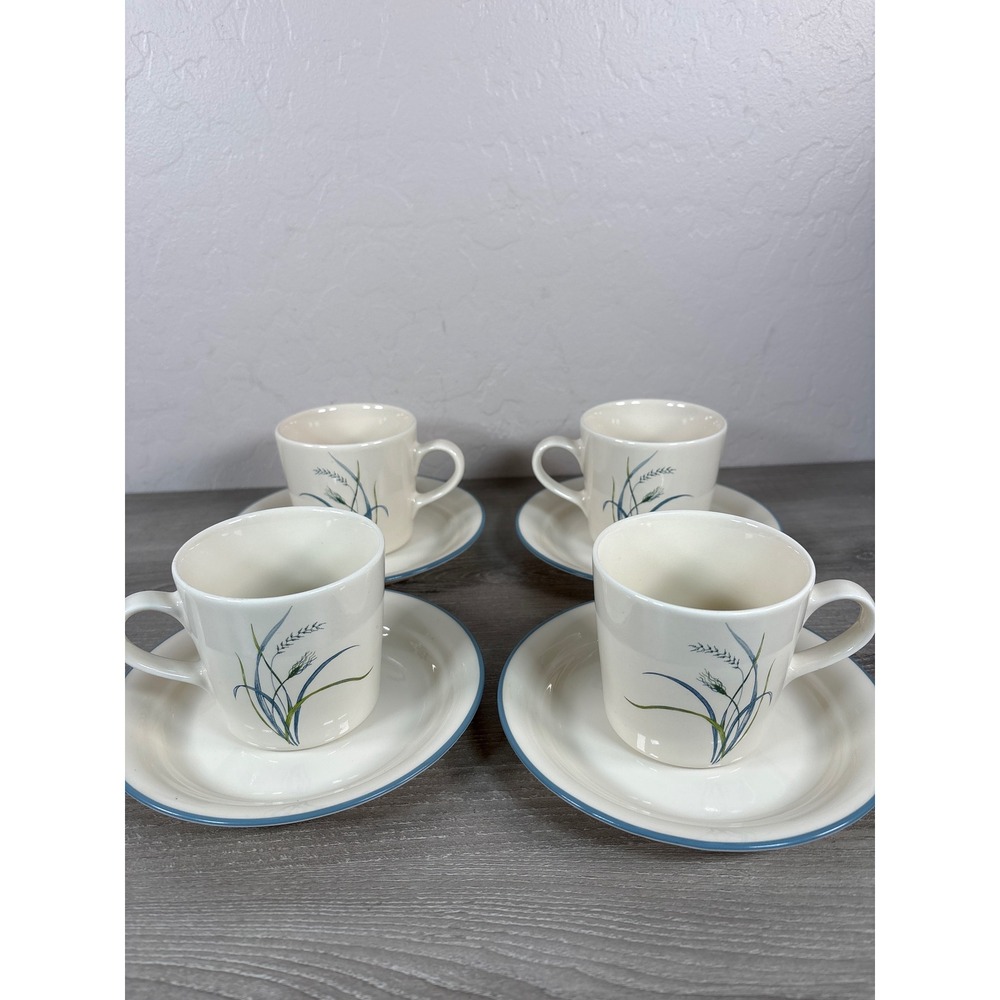 Corelle Coastal Breeze Cups & Saucers Set – 4 Coffee Mugs & 4 Saucers Blue Grass
